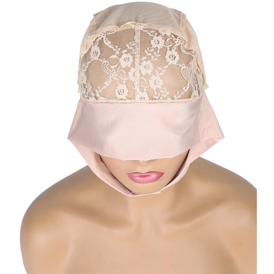 A light pink adjustable wig cap featuring a sheer lace overlay and a matching fabric headband.
