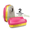 Two pink and gray cartridges for a full-face respirator mask with dual filtration.