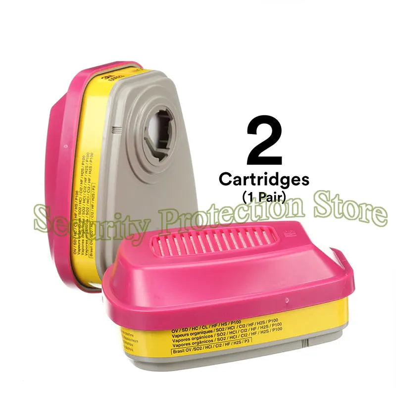 Two pink and gray cartridges for a full-face respirator mask with dual filtration.