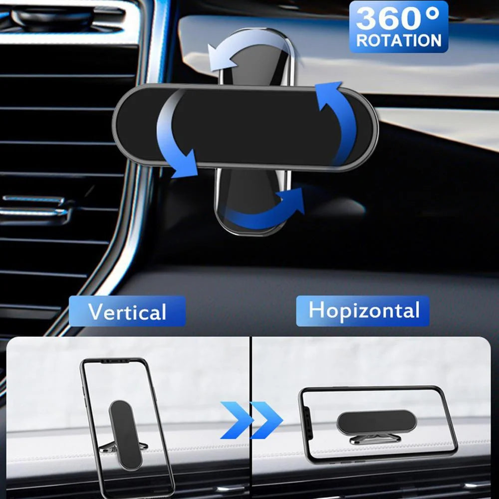 A magnetic phone mount demonstrating vertical and horizontal positioning with 360° rotation capability.