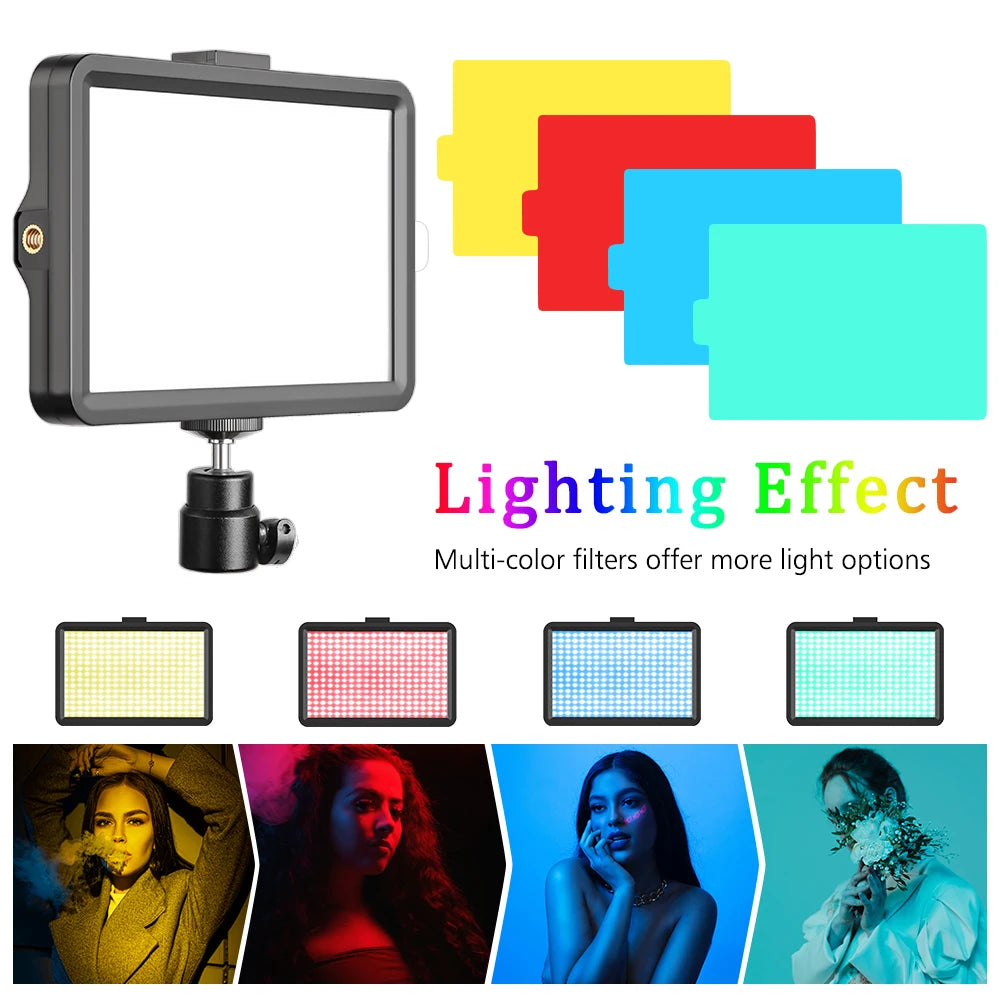 A 6 inch RGB LED video light panel with a tripod and remote, shown alongside various colored filters and lighting effects.