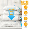 White vacuum storage bags with electric pump demonstrating space saving and durability.