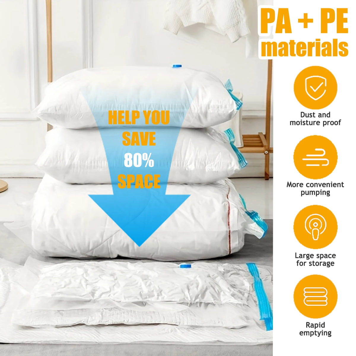 White vacuum storage bags with electric pump demonstrating space saving and durability.