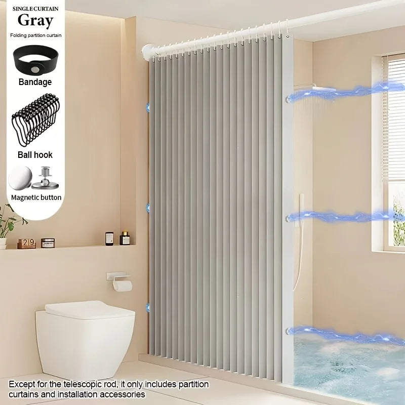 Rideau de douche gris plissé avec accents bleus et accessoires d'installation dans une salle de bain.