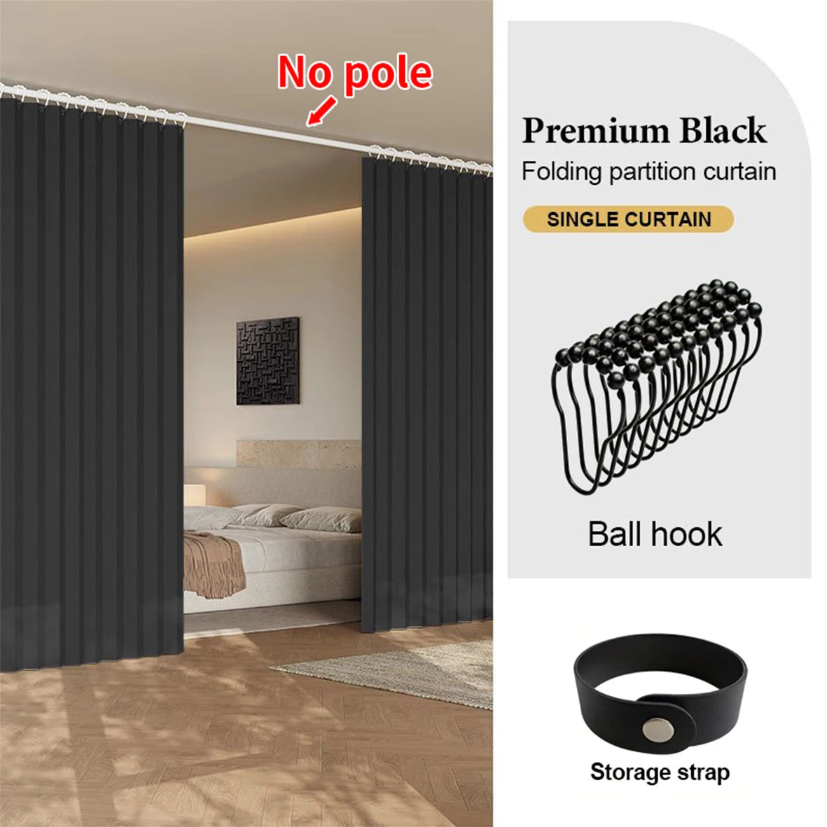 Premium black folding partition curtain with ball hooks and storage strap shown in a room setting