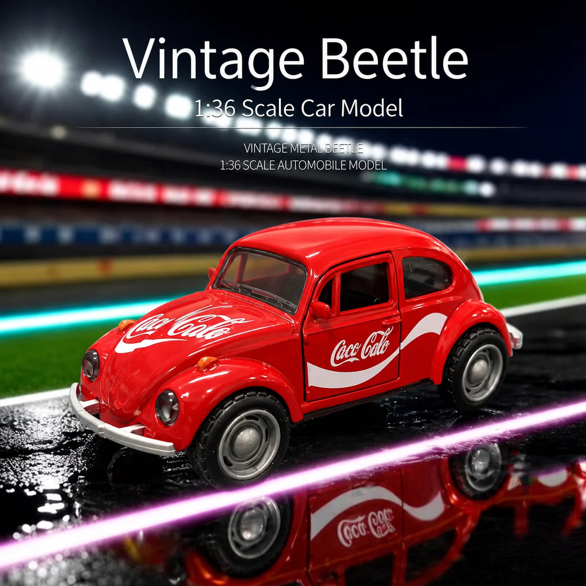 A red vintage Beetle scale model car is displayed on a wet surface with Coca-Cola branding visible.