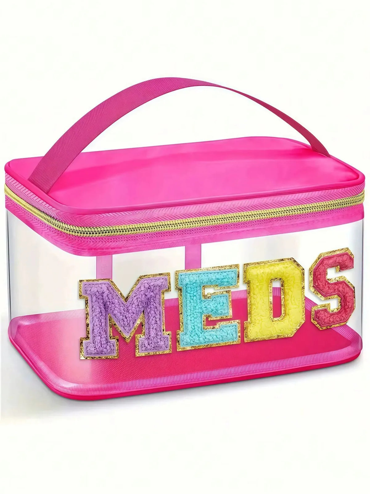 Pinke tragbare Aufbewahrungstasche mit klarem Fenster, das das Wort MEDS in farbenfrohen Glitzerbuchstaben zeigt.
