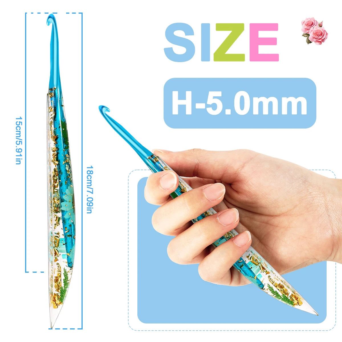 A hand holds a blue epoxy resin floral-patterned crochet hook with an H-5.0mm size marking.