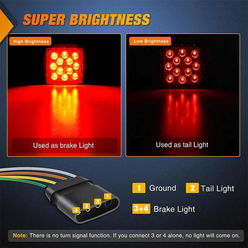 LED brake and tail light assembly for a 2-inch hitch receiver featuring ground, tail, and brake light connections.