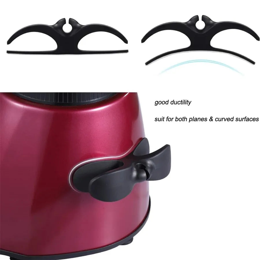 Black adhesive cord organizer with curved hooks shown next to a red pot.