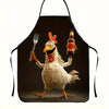 A black apron featuring a graphic illustration of a rooster holding a bottle.