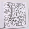 Line art illustration of a teddy bear and a cat surrounded by leaves and flowers for a coloring book.