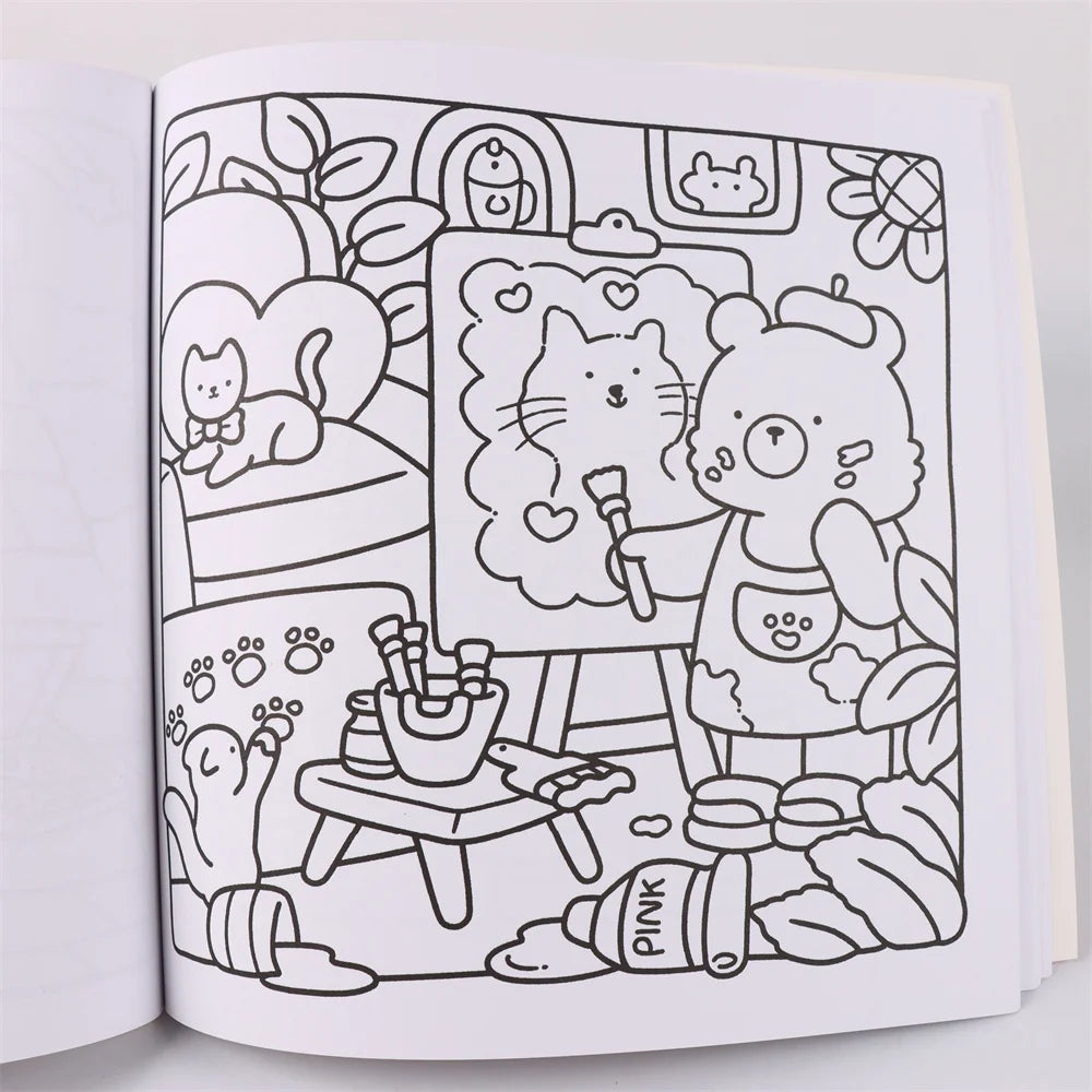 Line art illustration of a teddy bear and a cat surrounded by leaves and flowers for a coloring book.