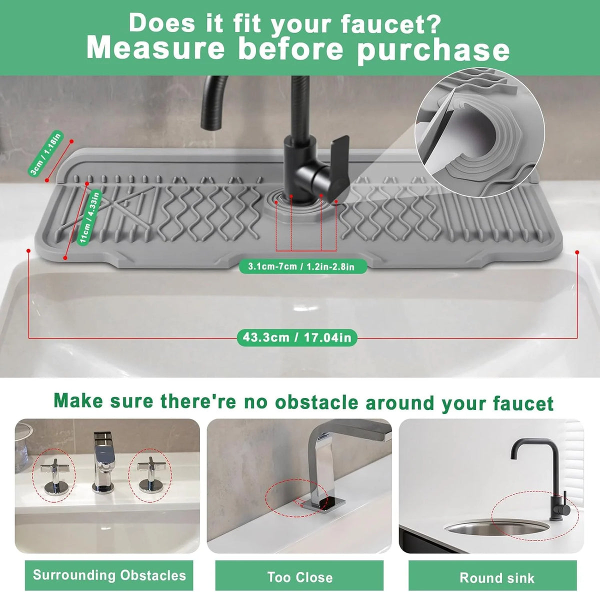 Silicone kitchen sink splash guard and faucet drip tray shown with measurements for proper fit.