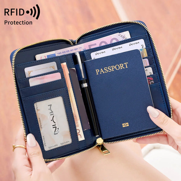 A hand holds an open dark blue RFID blocking travel wallet containing various identification cards and a passport.
