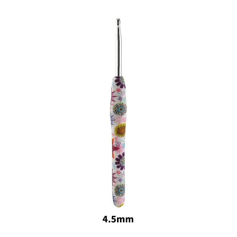A single ergonomic crochet hook with a colorful sunflower design, measuring 4.5mm.