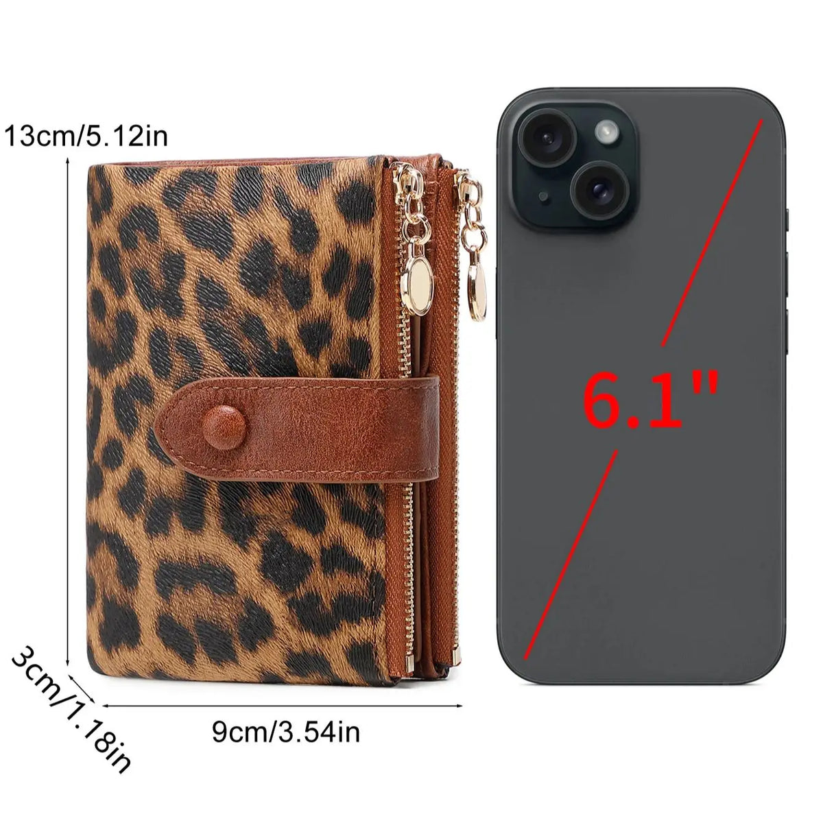 Vintage Leopard Print Tri-Fold Wallet with Double Zipper