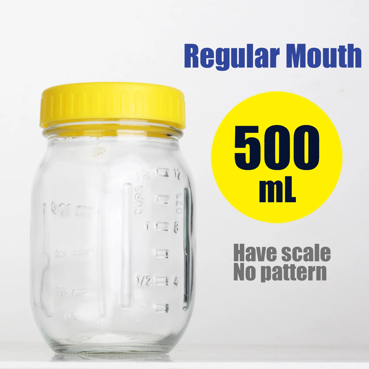 A clear glass mason jar with a yellow lid, labeled for 500 mL capacity.