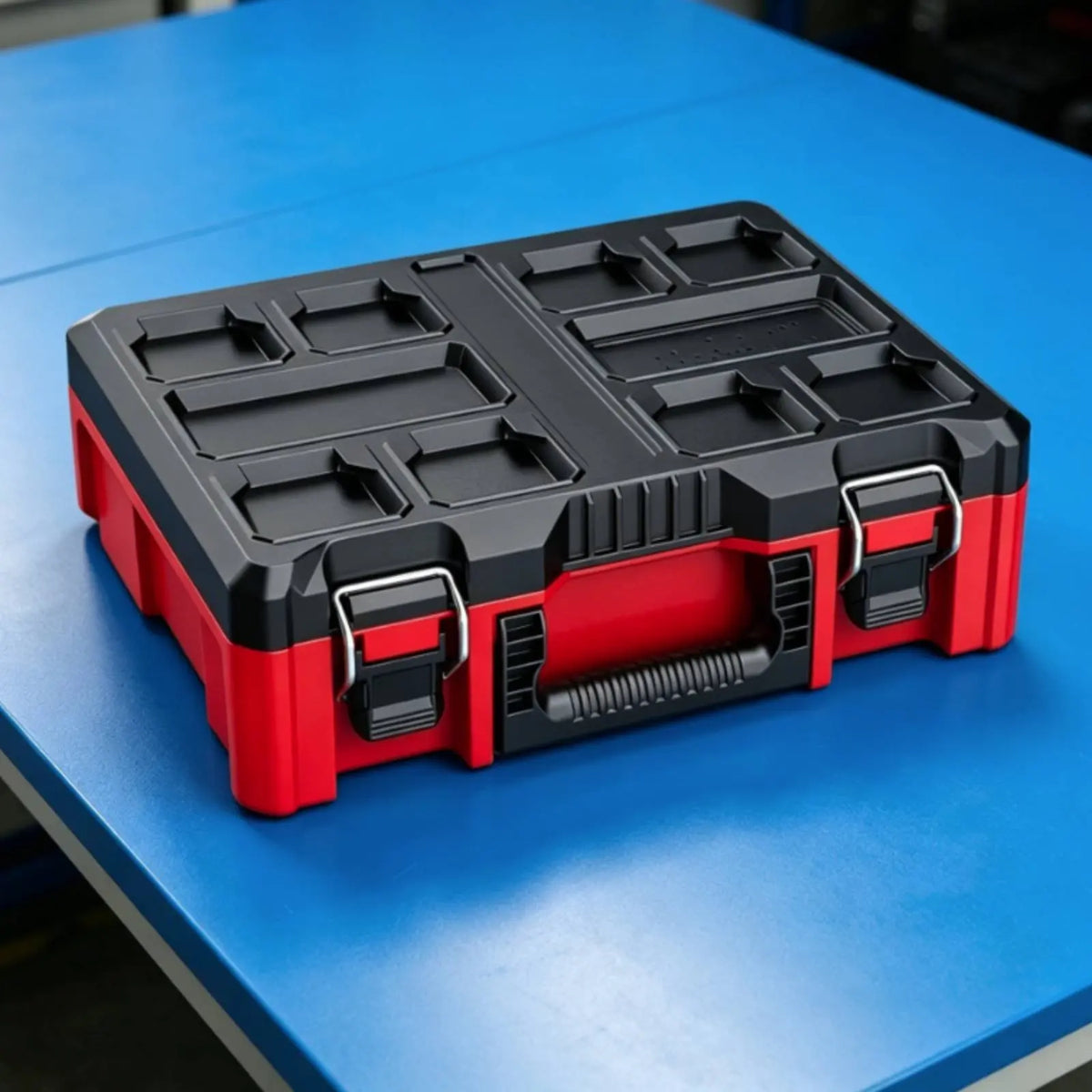 A red and black modular stackable tool organizer case with a lid resting on a blue workbench.
