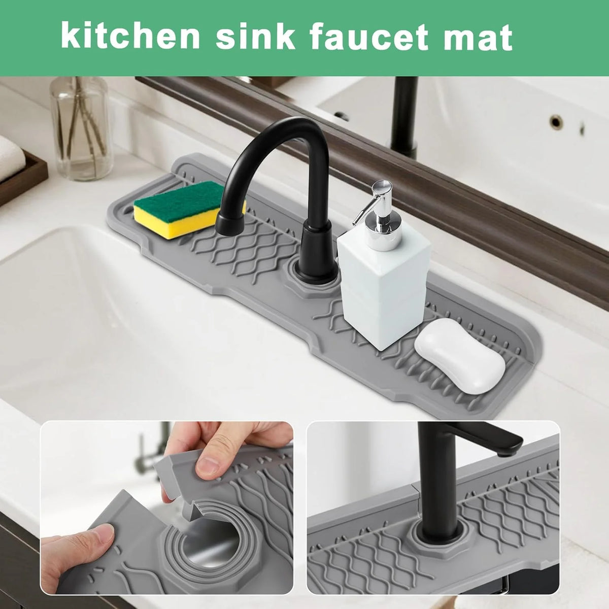 A silicone kitchen sink faucet mat with a drain tray and various cleaning tools shown in use.