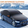 A dark car is shown with an aftermarket fabric windshield cover installed, parked in a snowy outdoor setting.