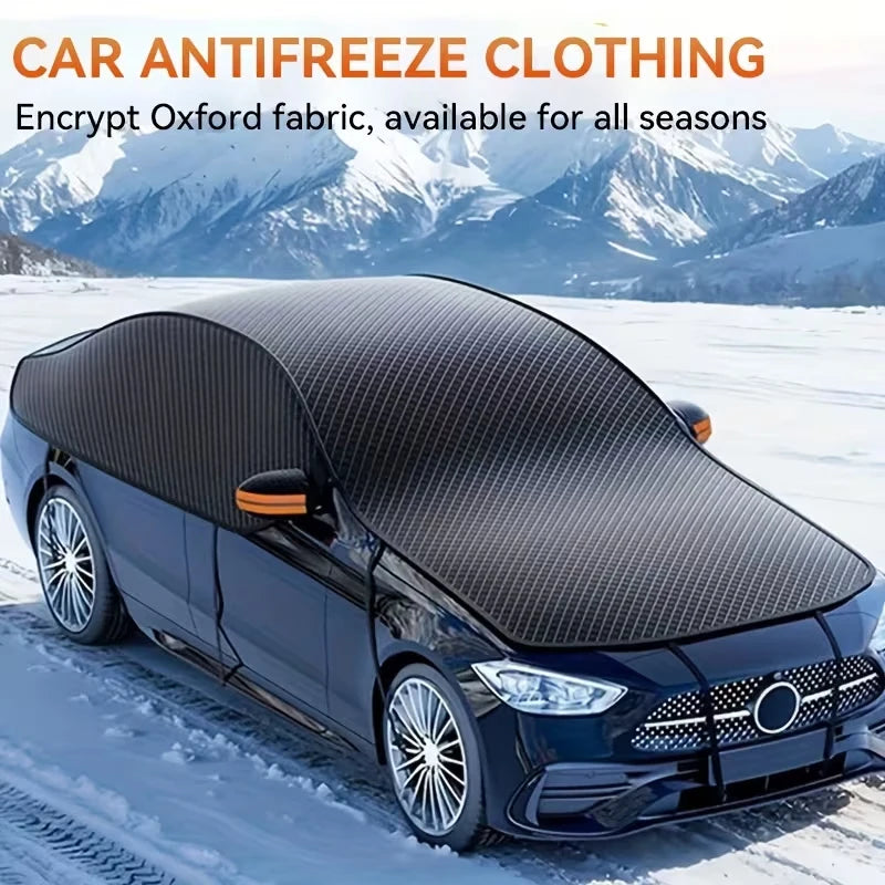 A dark car is shown with an aftermarket fabric windshield cover installed, ready for all-season use.