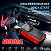A red and black car jump starter device is shown in a close-up view with various vehicle icons below it.