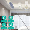 A telescopic extendable duster with a fluffy head is shown hanging in a bright room.