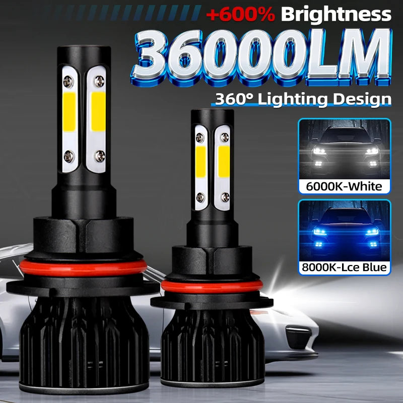 Two universal LED car headlight bulbs showing 6000K-White and 8000K-Lce Blue light designs