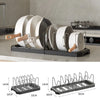 A black organizer rack holds multiple white and gray lids for pots and pans.