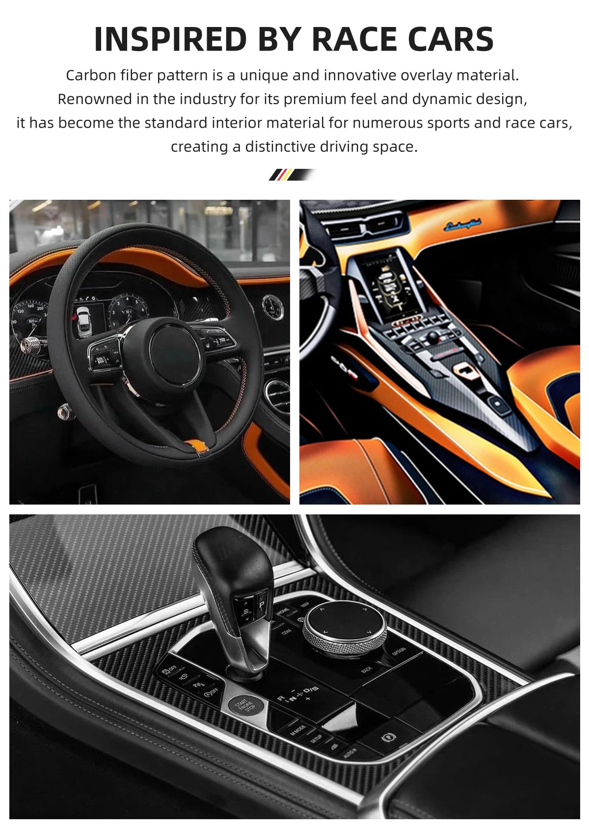 Close-up view of a glossy carbon fiber steering wheel cover and interior details of a sports car.