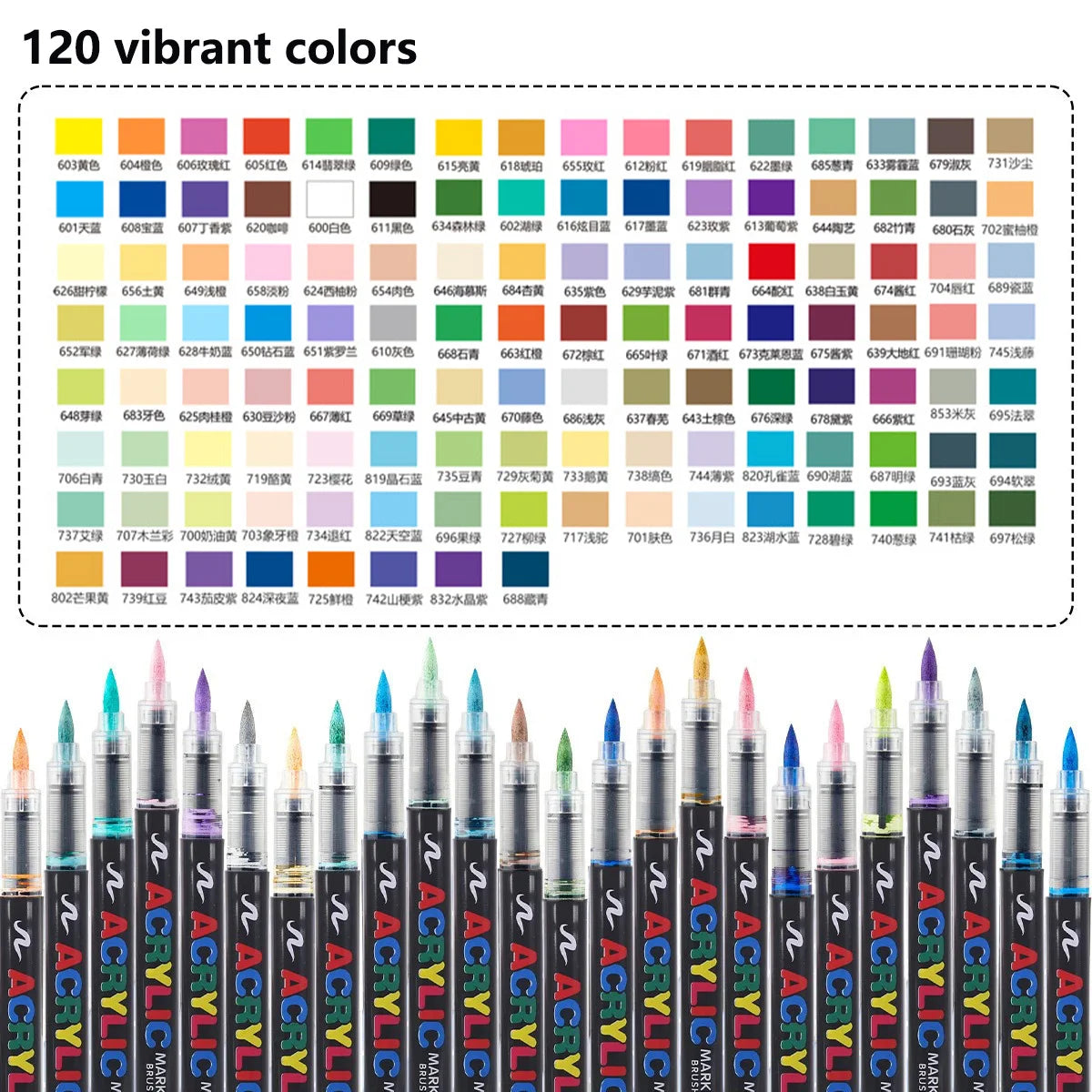 A collection of acrylic markers featuring 120 vibrant colors arranged in a grid.