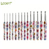 A set of ergonomic crochet hooks featuring a sunflower design in various colors and sizes.