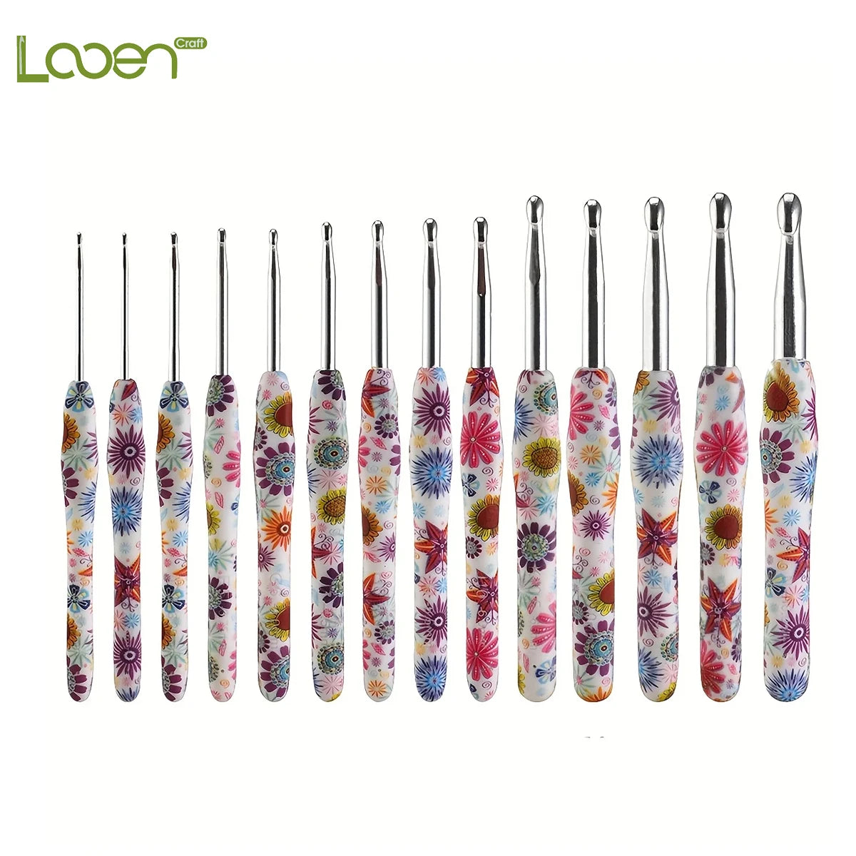 A set of ergonomic crochet hooks featuring a sunflower design in various colors and sizes.