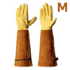 A pair of yellow gardening gloves with brown cuffs and a gold letter M logo.