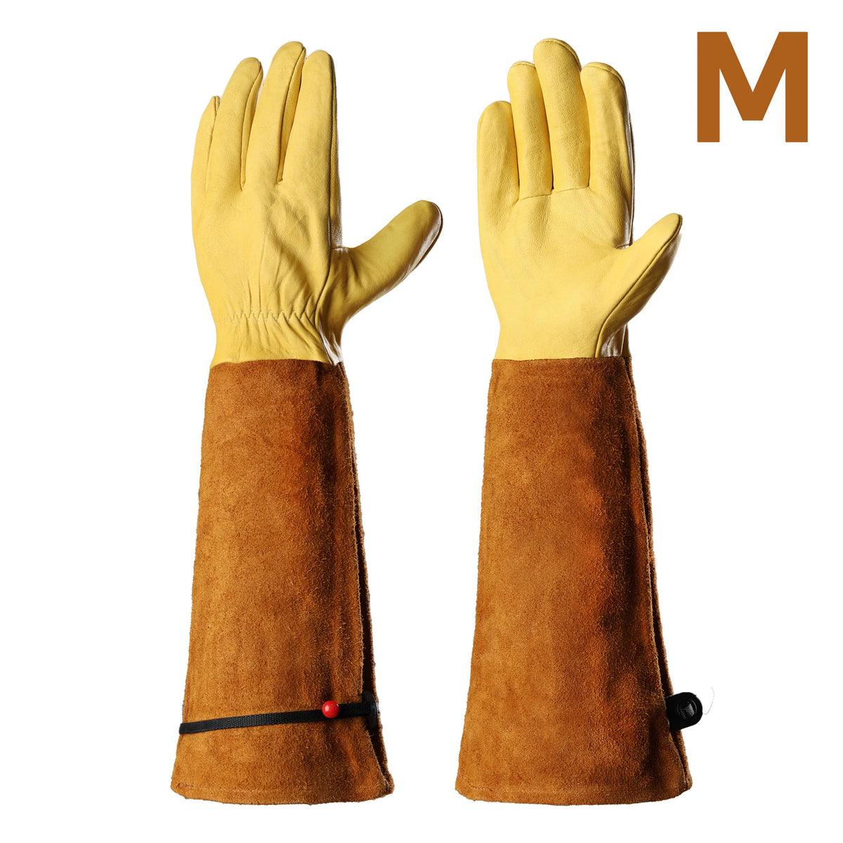 A pair of yellow gardening gloves with brown cuffs and a gold letter M logo.