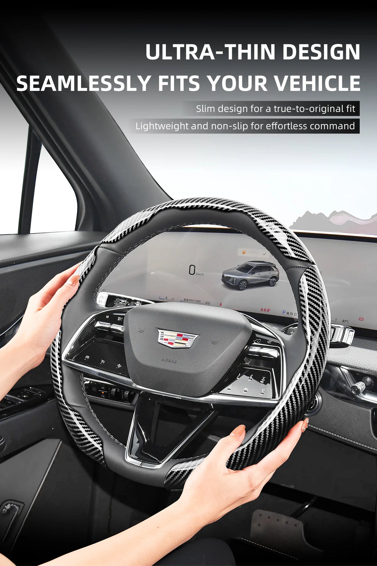 A hand is holding an ultra-thin design steering wheel cover for a vehicle interior.