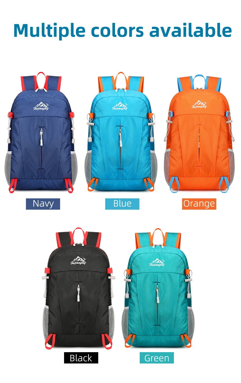 A collection of multiple colored ultra-light foldable travel backpacks including Navy, Blue, Orange, Black, and Green.