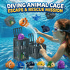 A girl is rescuing fish from a cage in a blue water pool, surrounded by various floating fish toys.