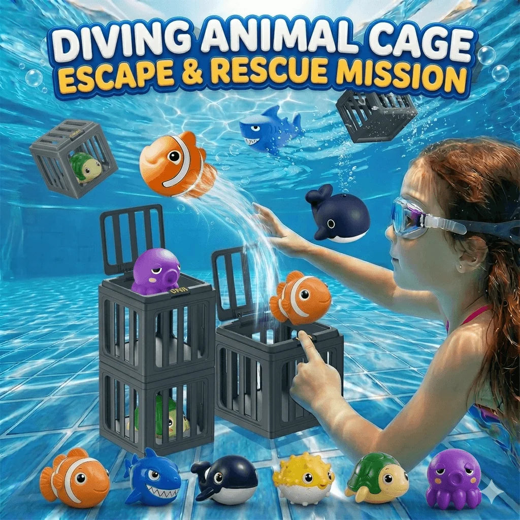 A girl is rescuing fish from a cage in a blue water pool, surrounded by various floating fish toys.