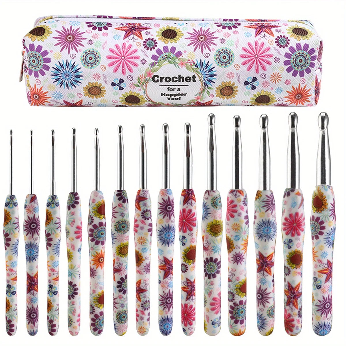 A set of ergonomic crochet hooks featuring a colorful sunflower and floral design.