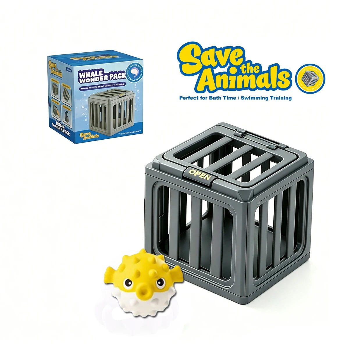 A gray plastic fish pool dive toy is shown next to its packaging and a yellow floating fish.