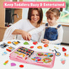 A pink felt activity busy book with various sensory learning pages for toddlers.