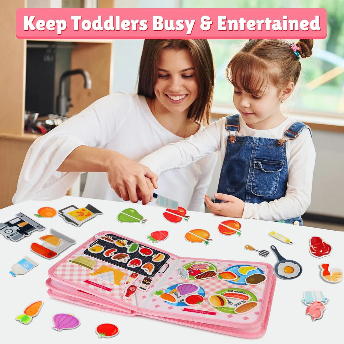 A pink felt activity busy book with various sensory learning pages for toddlers.