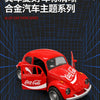 A red Coca-Cola themed die-cast model of a vintage Volkswagen Beetle car.
