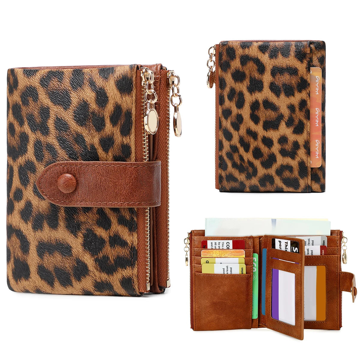 Vintage Leopard Print Tri-Fold Wallet with Double Zipper