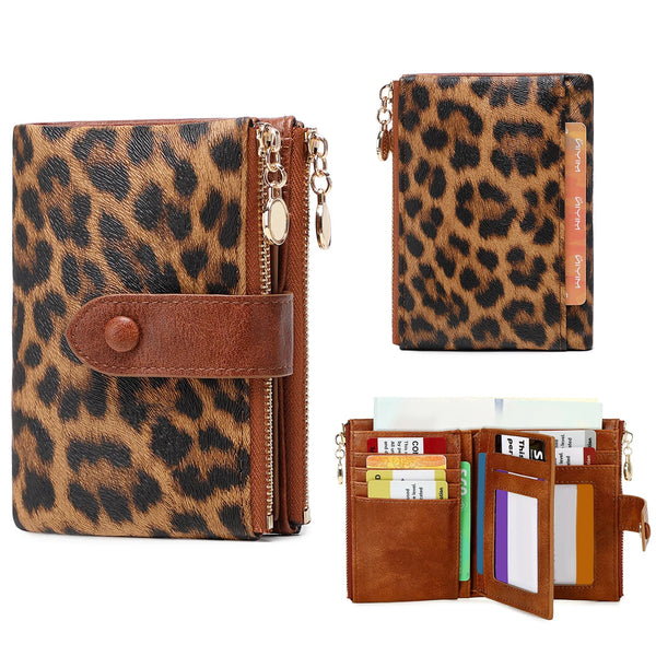 A brown leopard print tri-fold wallet with a leather flap and double zipper, shown in a closed and open view.