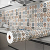 Roll of marble effect self-adhesive PVC film featuring an intricate geometric pattern used for countertops and cabinets