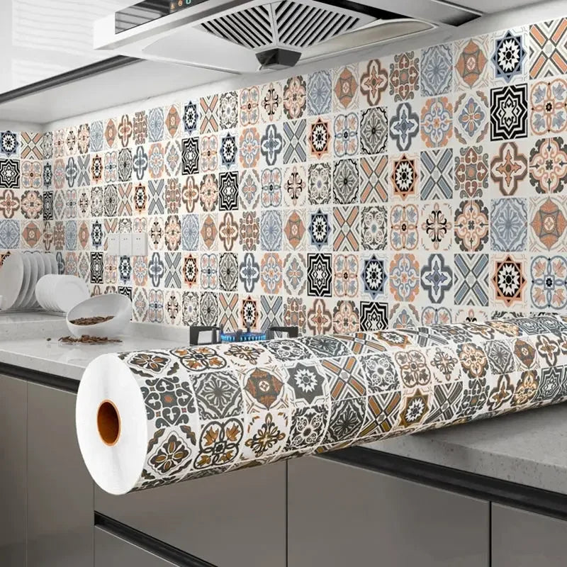 Roll of marble effect self-adhesive PVC film featuring an intricate geometric pattern used for countertops and cabinets
