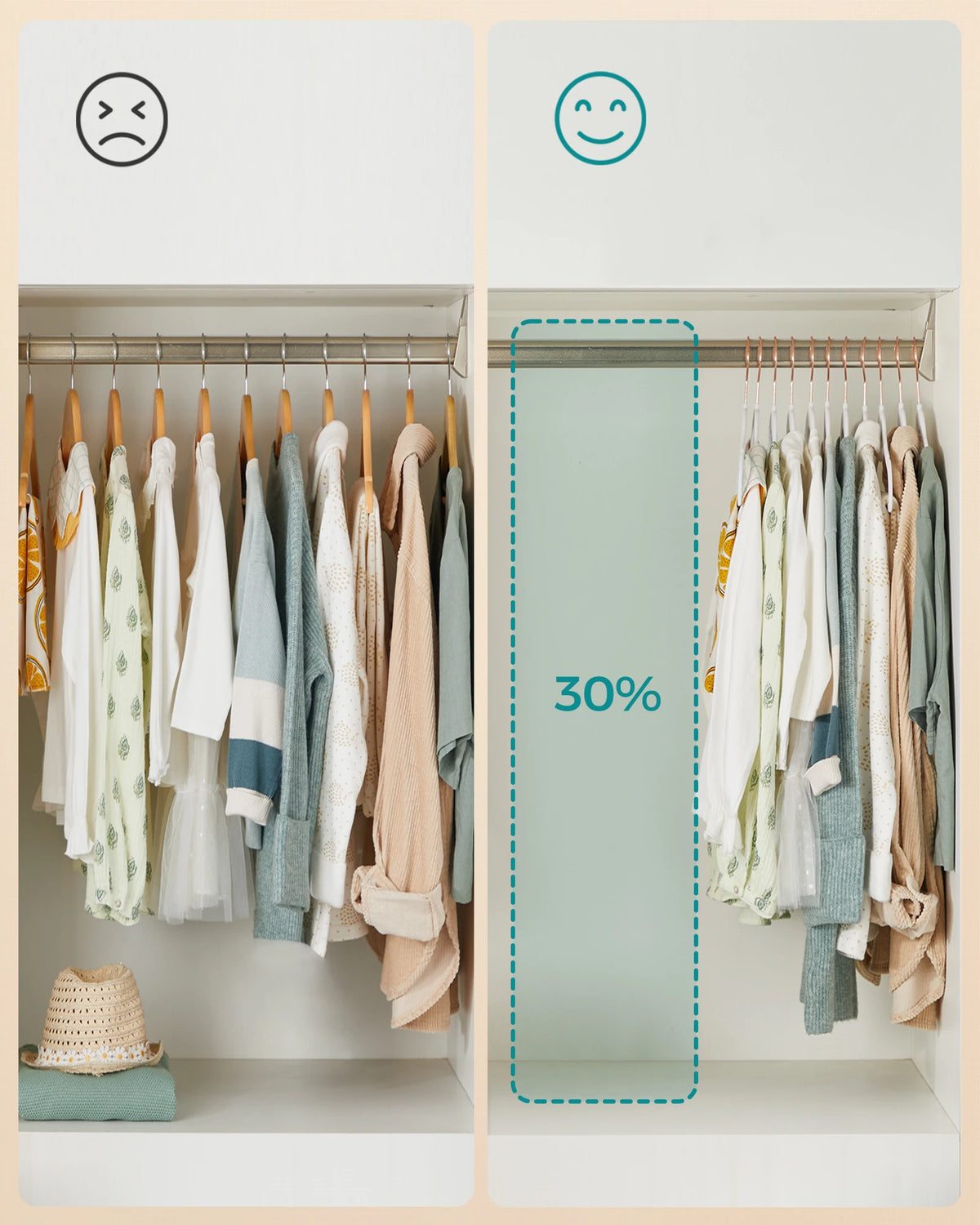 A display of light colored children's clothing hanging on velvet hangers inside a white closet with a sad and happy face icon